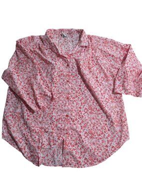 Red & White Floral Button-Up Shirt Lightweight Cotton Blend Womens Casual Summer